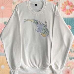 Whale Shark Patchwork Large White Embroidered Crewneck Sweatshirt